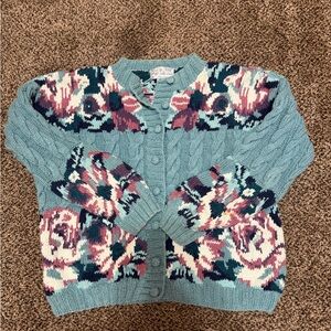 Vintage Women's Teal and Multicolor Patterned knit Sweater